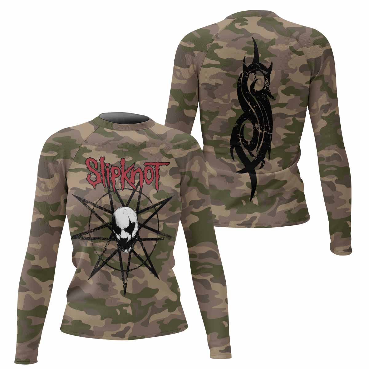 Slipknot Mask Camo Women's Rash Guard Long Sleeve - front and back view