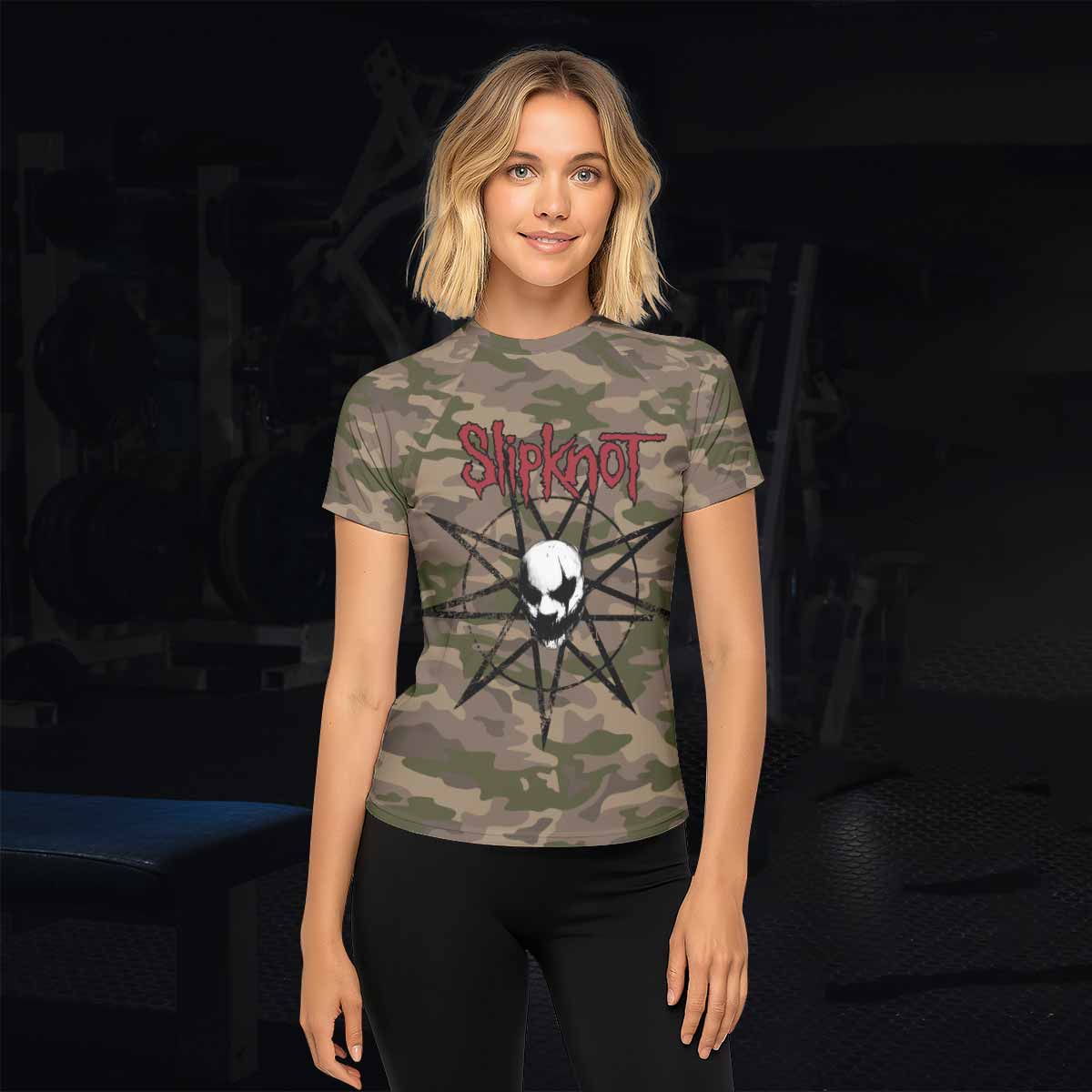 Slipknot Mask Camo Women's Rash Guard Short Sleeve - lifestyle view
