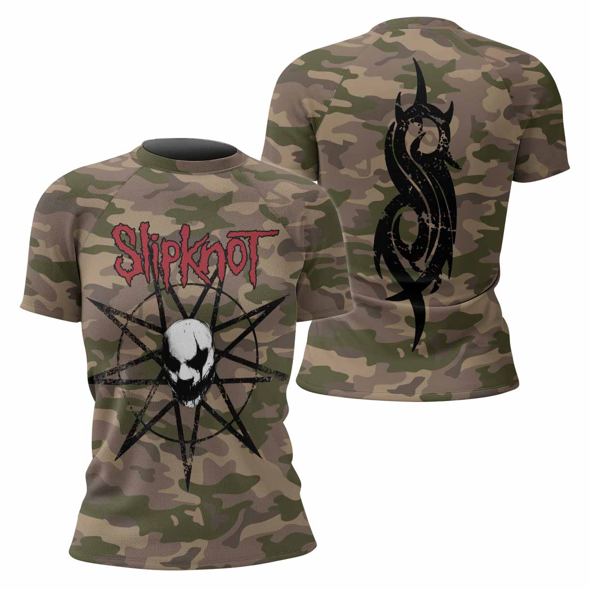 Slipknot Mask Camo Women's Rash Guard Short Sleeve - front and back view
