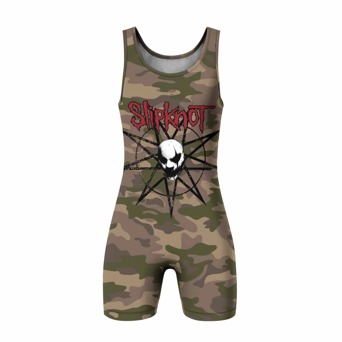 Slipknot Mask Camo Wrestling Singlet - front view mockup