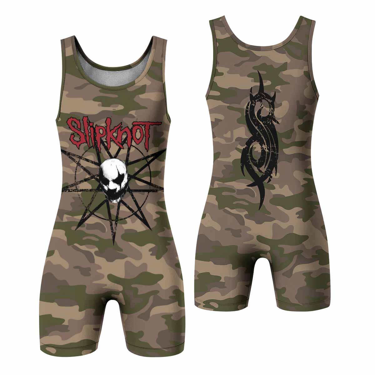 Slipknot Mask Camo Wrestling Singlet - front and back view