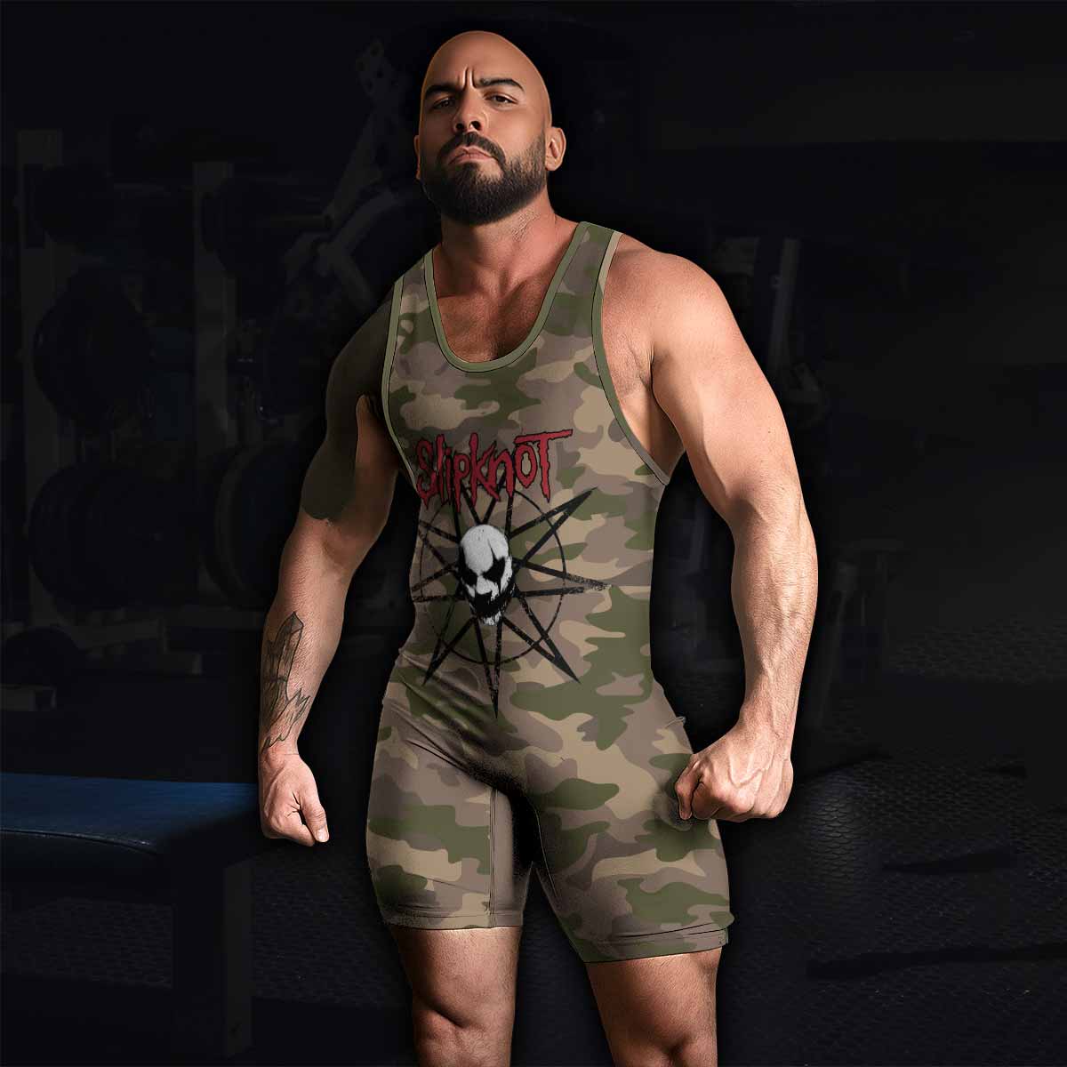 Slipknot Mask Camo Wrestling Singlet - men's lifestyle view