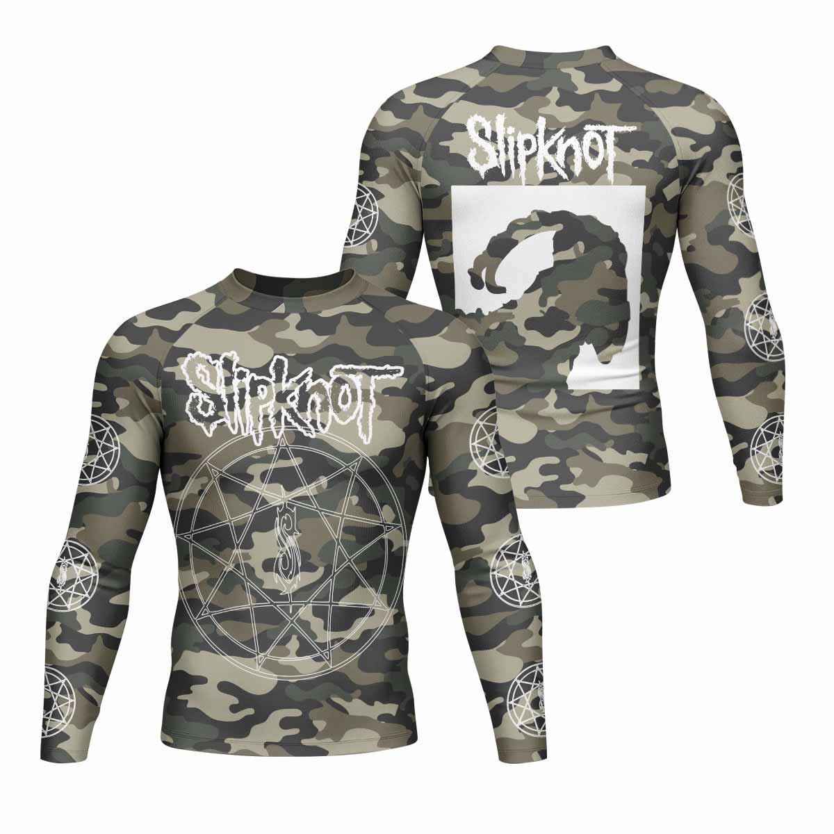 Slipknot Pentagram Camo Men's Rash Guard Long Sleeve - front and back view