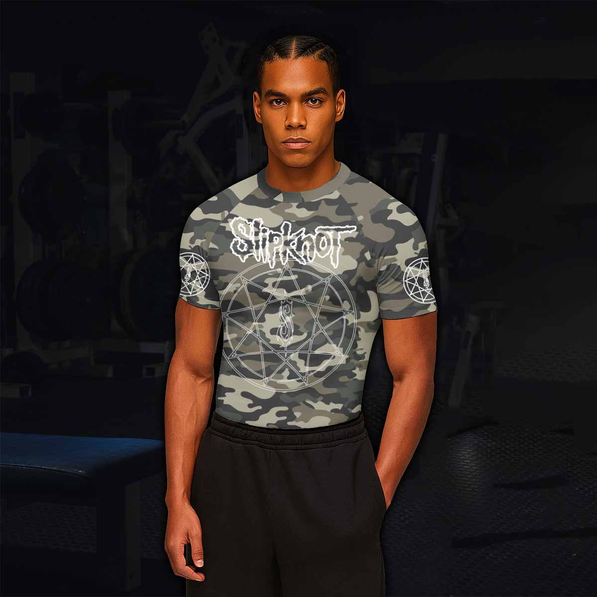 Slipknot Pentagram Camo Men's Rash Guard Short Sleeve - lifestyle view