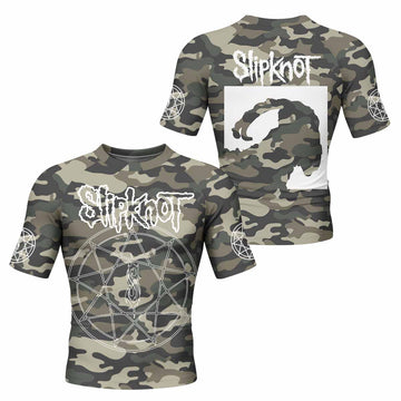 Slipknot Pentagram Camo Men's Rash Guard Short Sleeve - front and back view