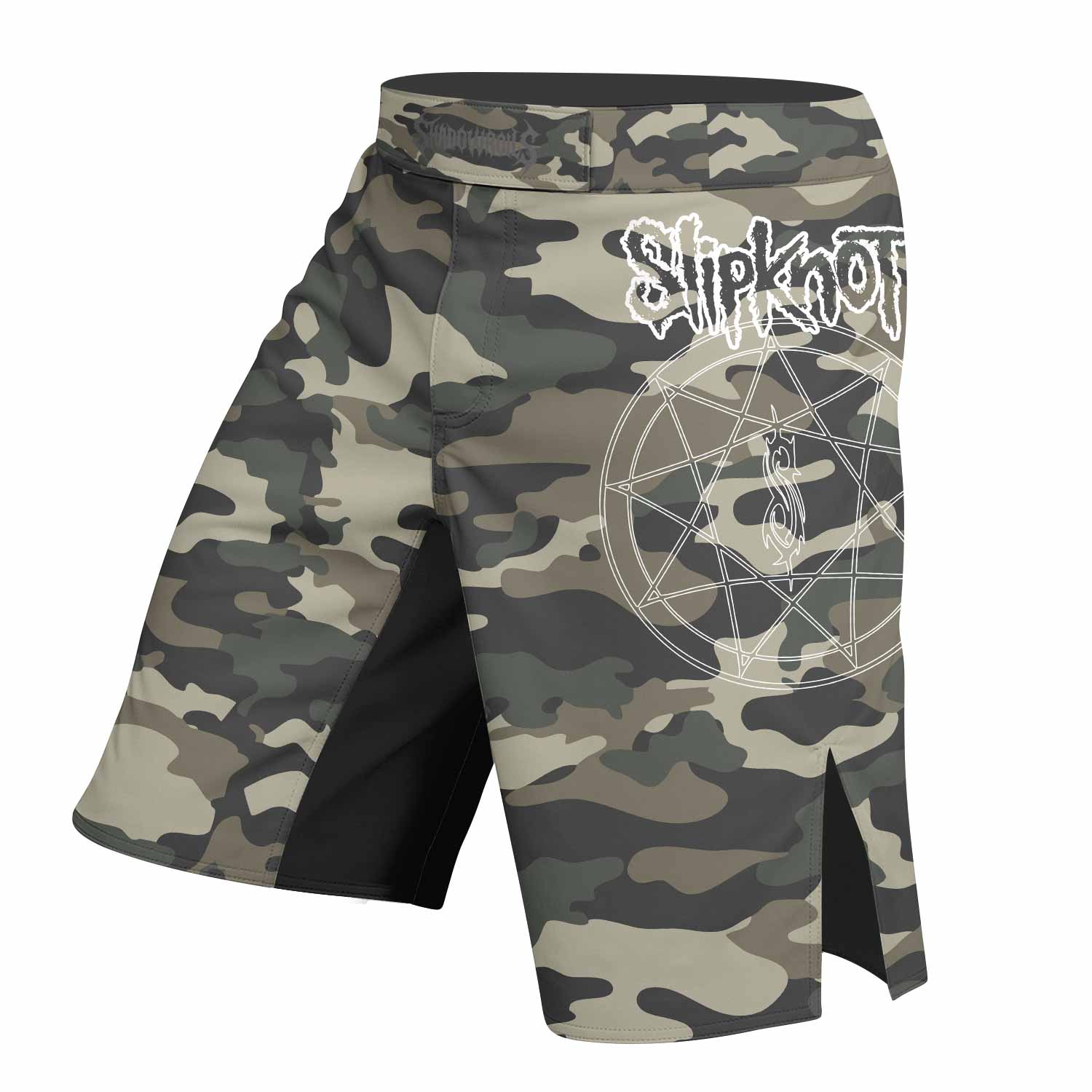 Slipknot Pentagram Camo Fight Shorts - left side mockup