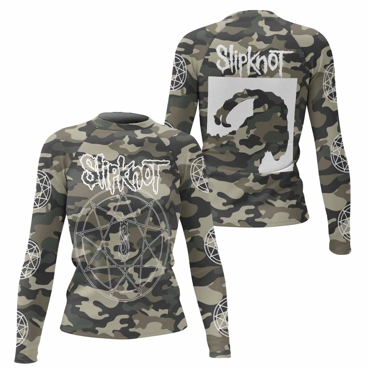 Slipknot Pentagram Camo Women's Rash Guard Long Sleeve - front and back view