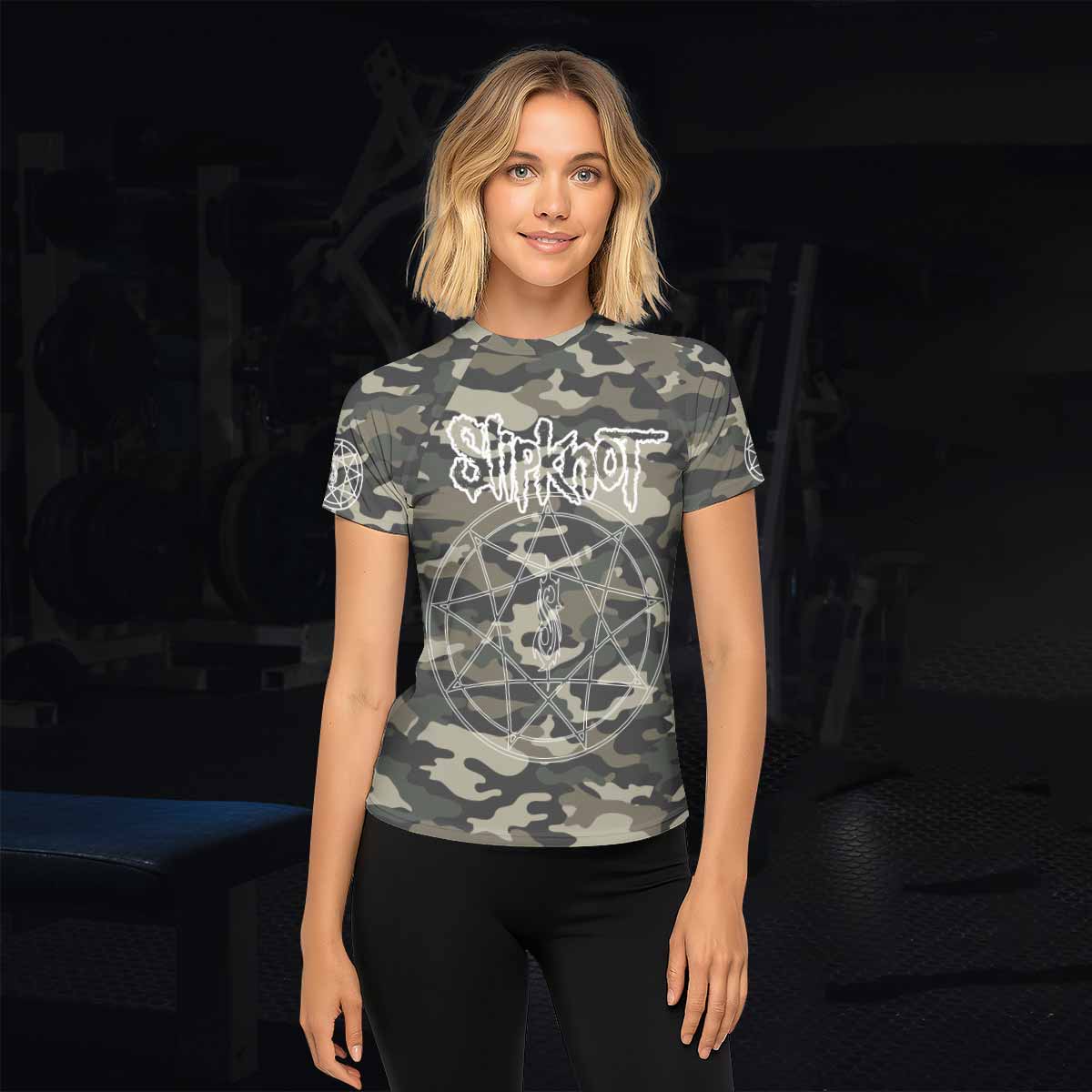 Slipknot Pentagram Camo Women's Rash Guard Short Sleeve - lifestyle view