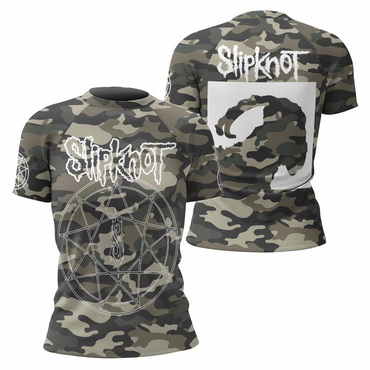 Slipknot Pentagram Camo Women's Rash Guard Short Sleeve - front and back view