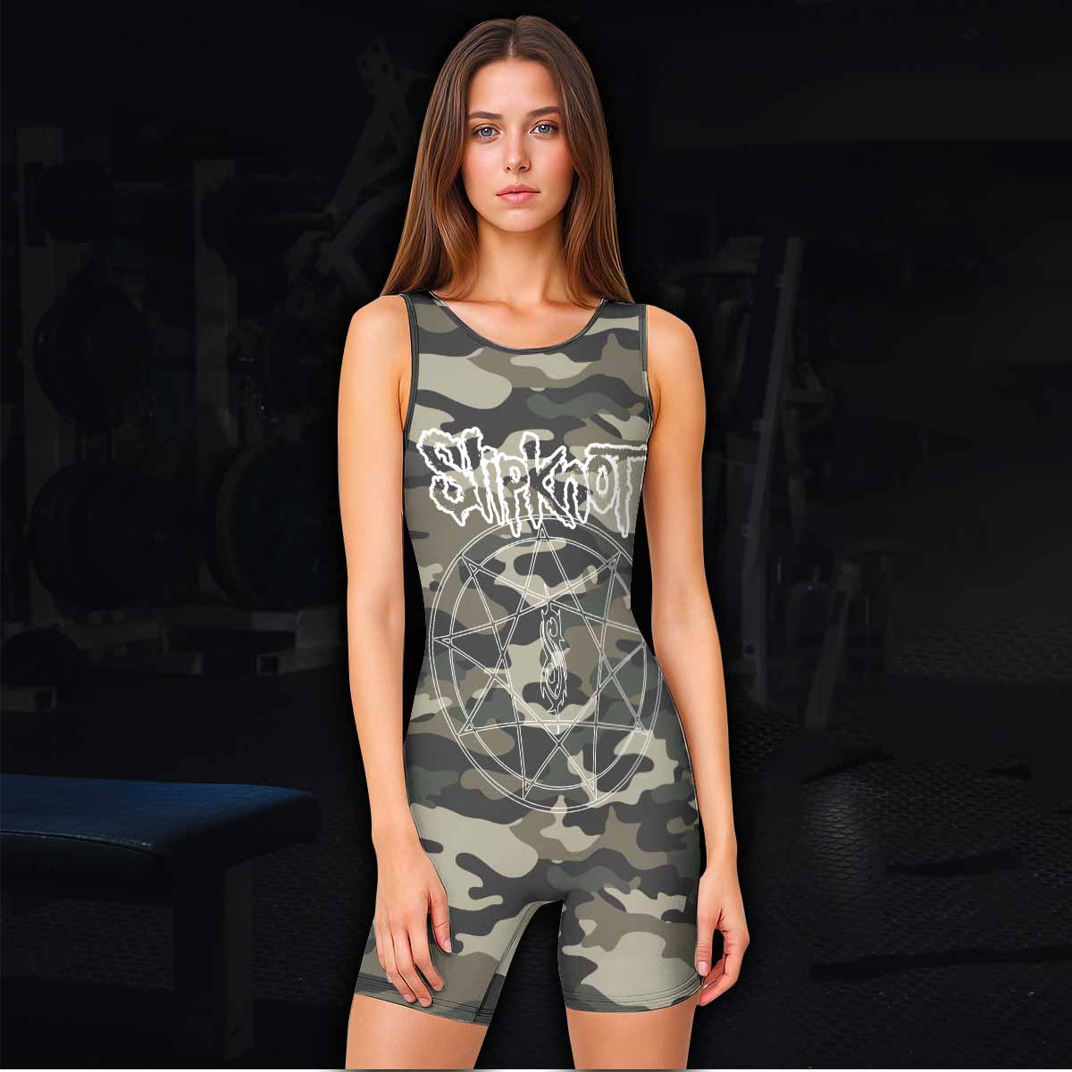Slipknot Pentagram Camo Wrestling Singlet - women's lifestyle view