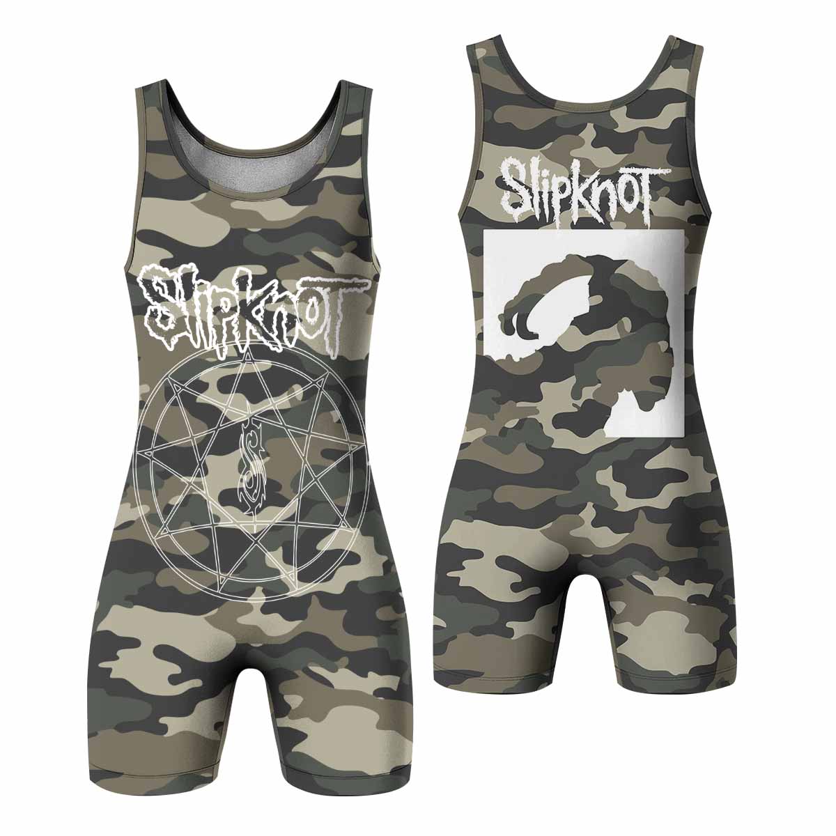 Slipknot Pentagram Camo Wrestling Singlet - front and back view
