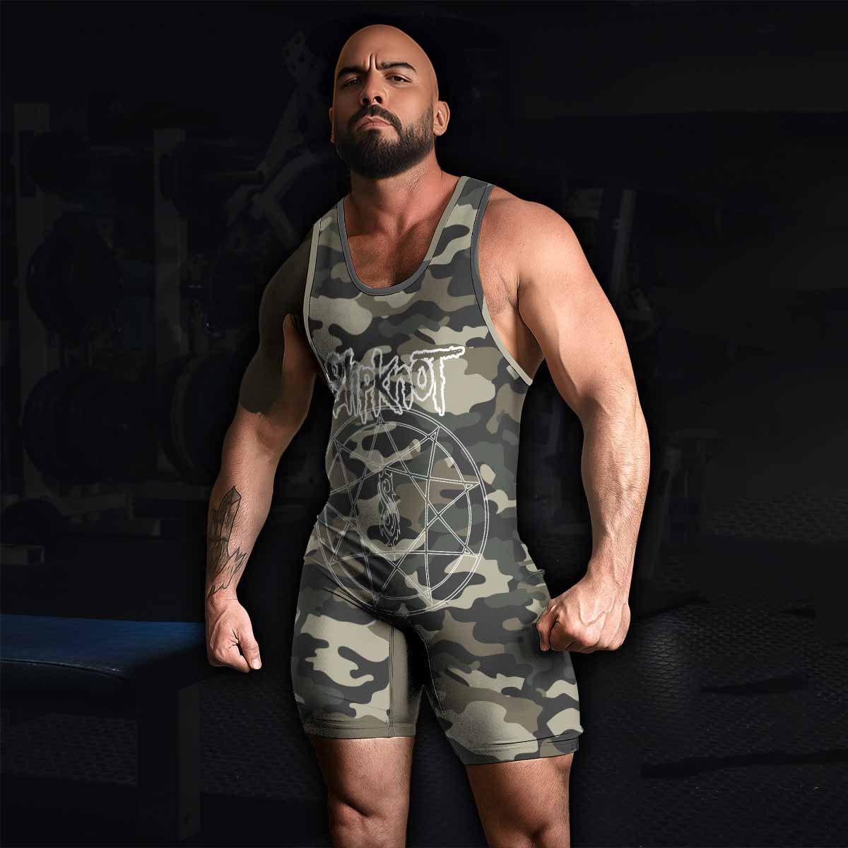 Slipknot Pentagram Camo Wrestling Singlet - men's lifestyle view