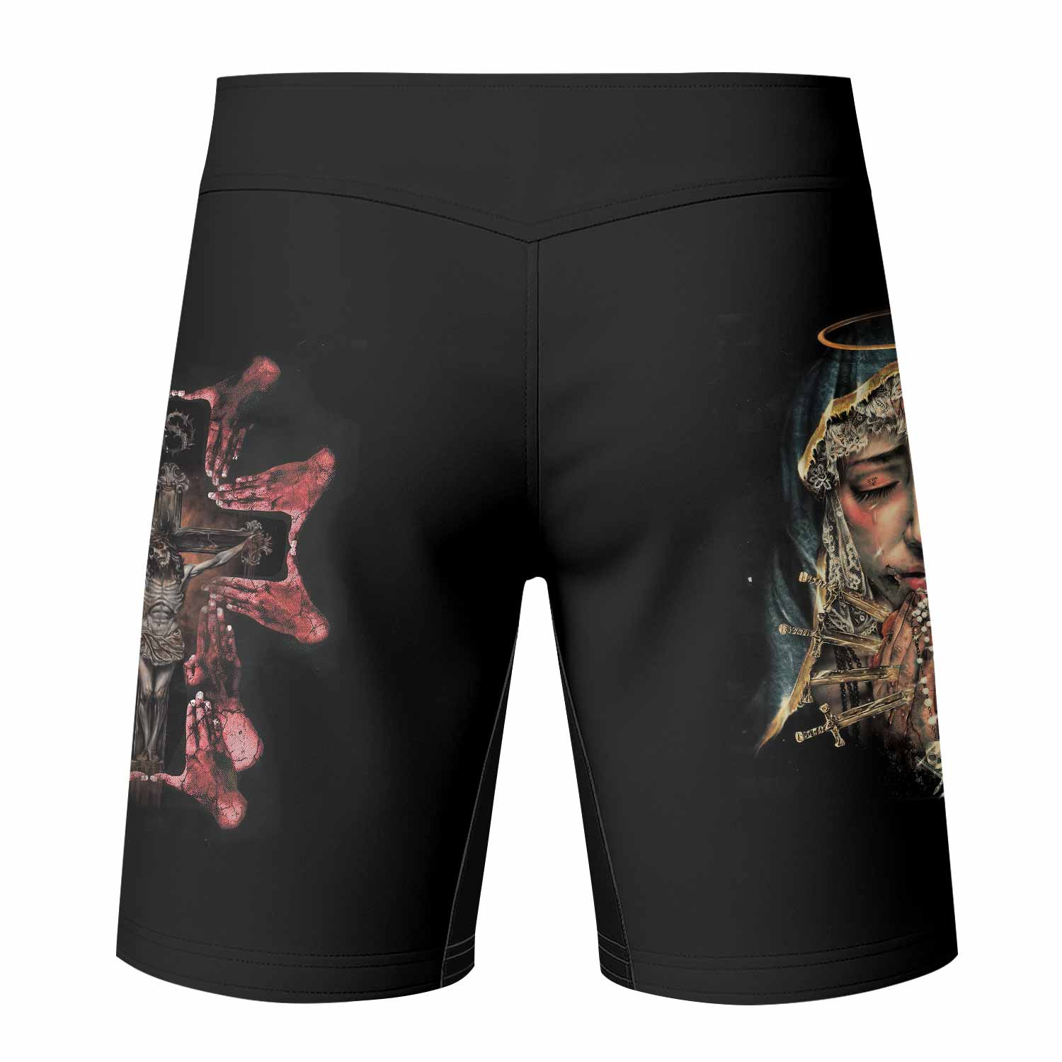 Stigmata Prayer Fight Shorts – back view mockup