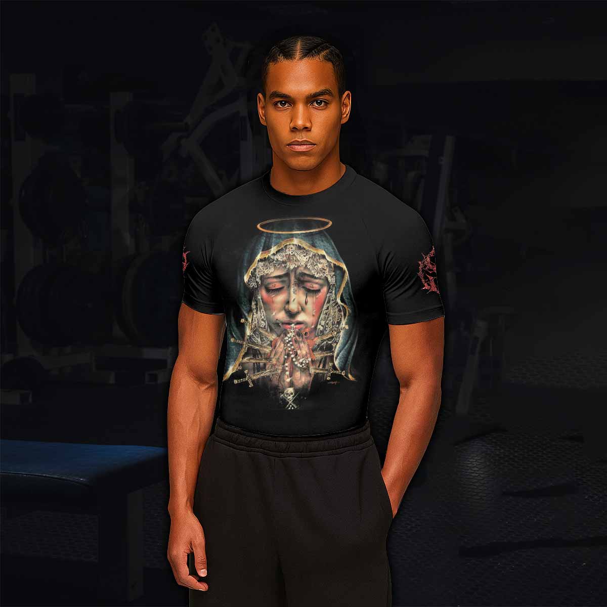 Stigmata Prayer Men’s Short Sleeve Rash Guard - lifestyle view