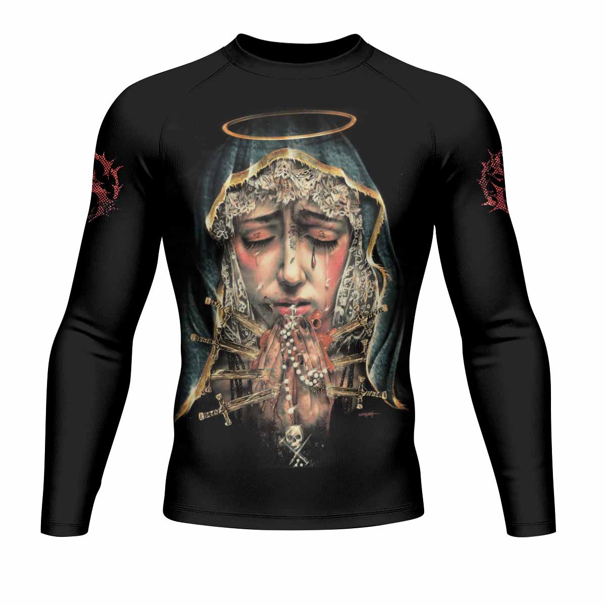 Stigmata Prayer Men’s Long Sleeve Rash Guard - front view mockup