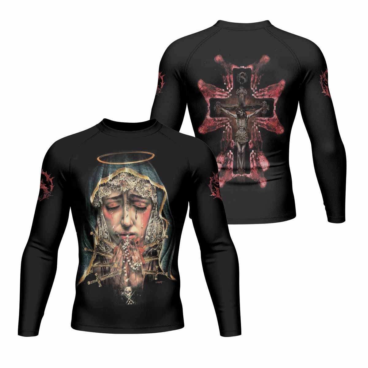 Stigmata Prayer Men’s Long Sleeve Rash Guard - front and back view