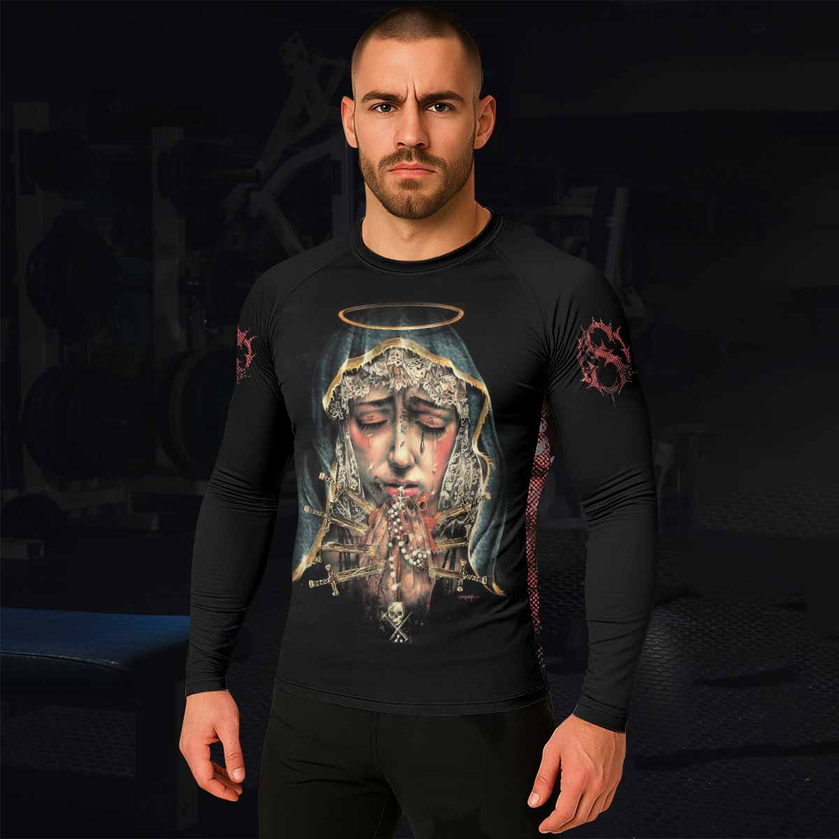 Stigmata Prayer Men’s Long Sleeve Rash Guard - lifestyle view