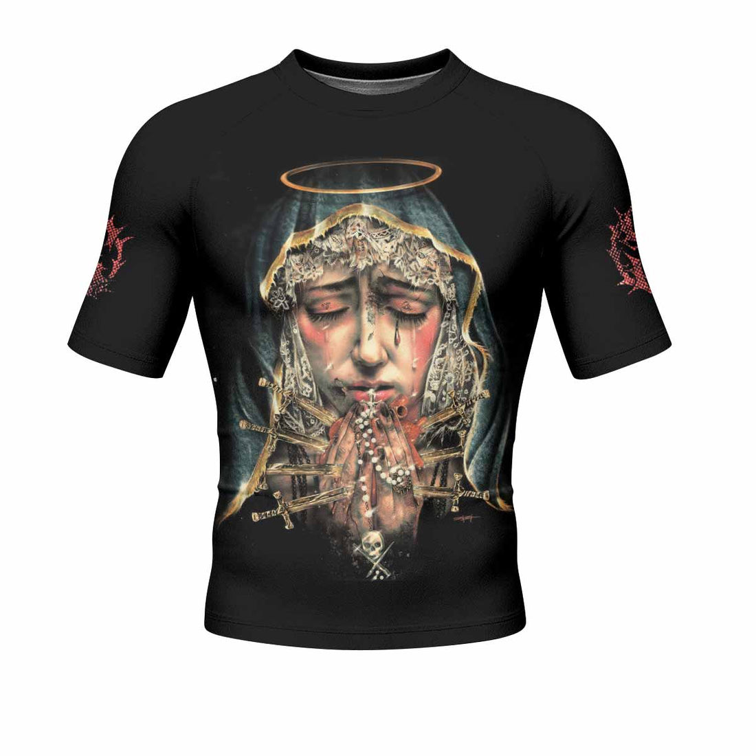 Stigmata Prayer Short Sleeve Rash Guard – front and back view