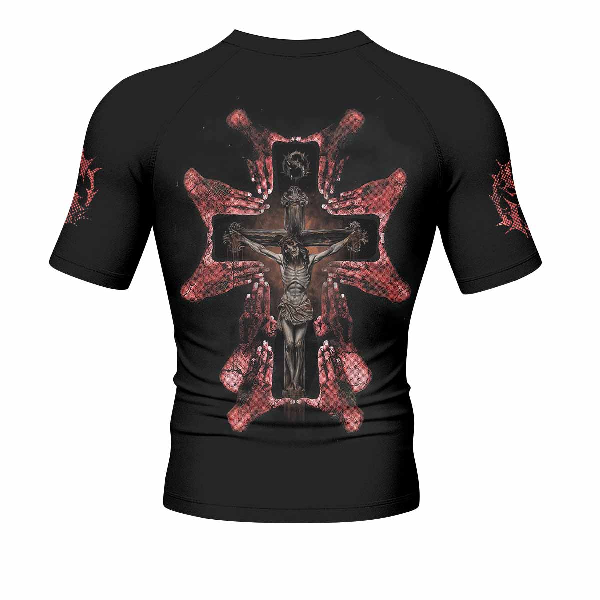 Stigmata Prayer Men’s Short Sleeve Rash Guard - back view mockup