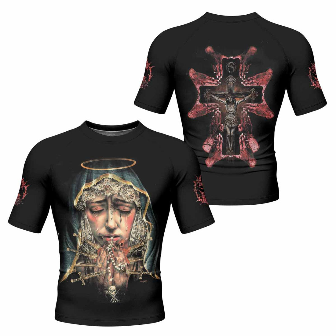 Stigmata Prayer Short Sleeve Rash Guard – front and back view