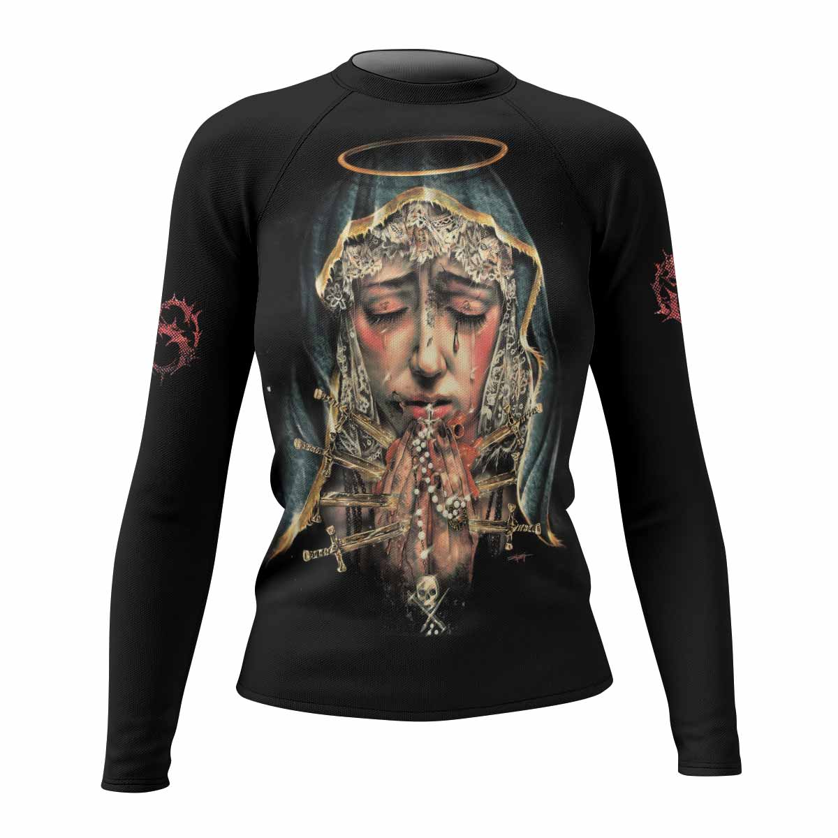 Stigmata Prayer Women’s Long Sleeve Rash Guard - front view mockup