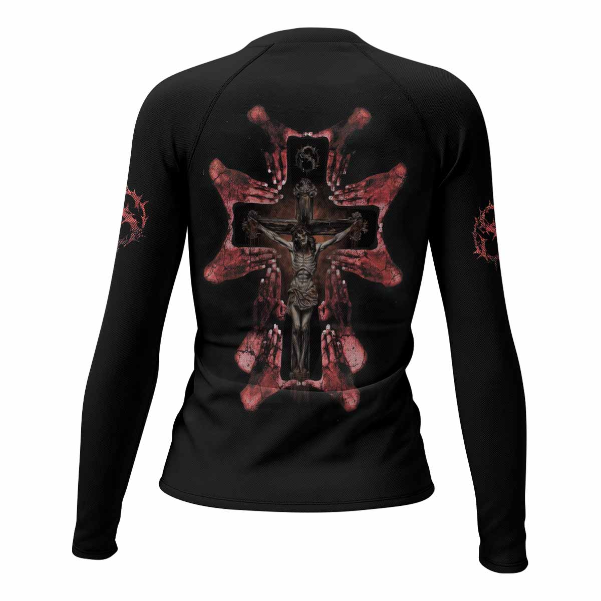 Stigmata Prayer Women’s Long Sleeve Rash Guard - back view mockup