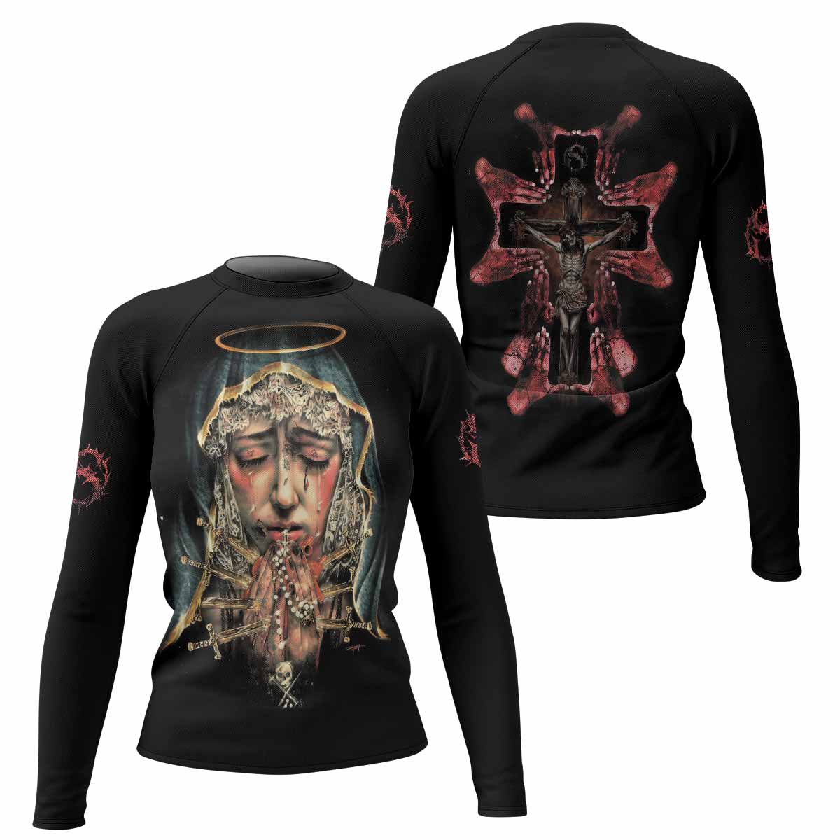 Stigmata Prayer Women’s Long Sleeve Rash Guard - front and back view