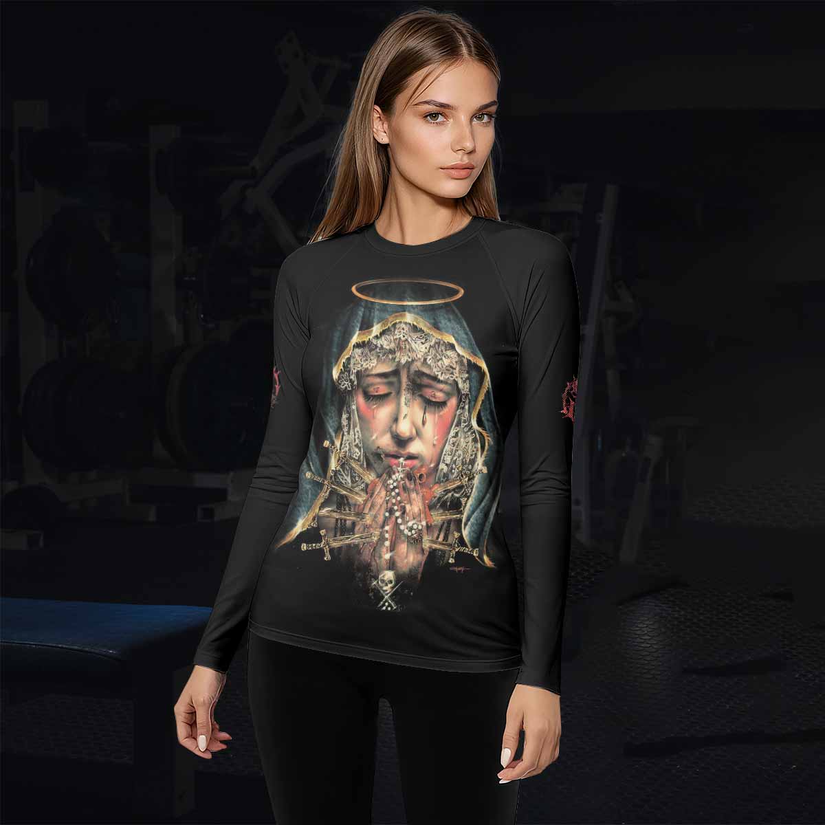 Stigmata Prayer Women’s Long Sleeve Rash Guard - lifestyle view