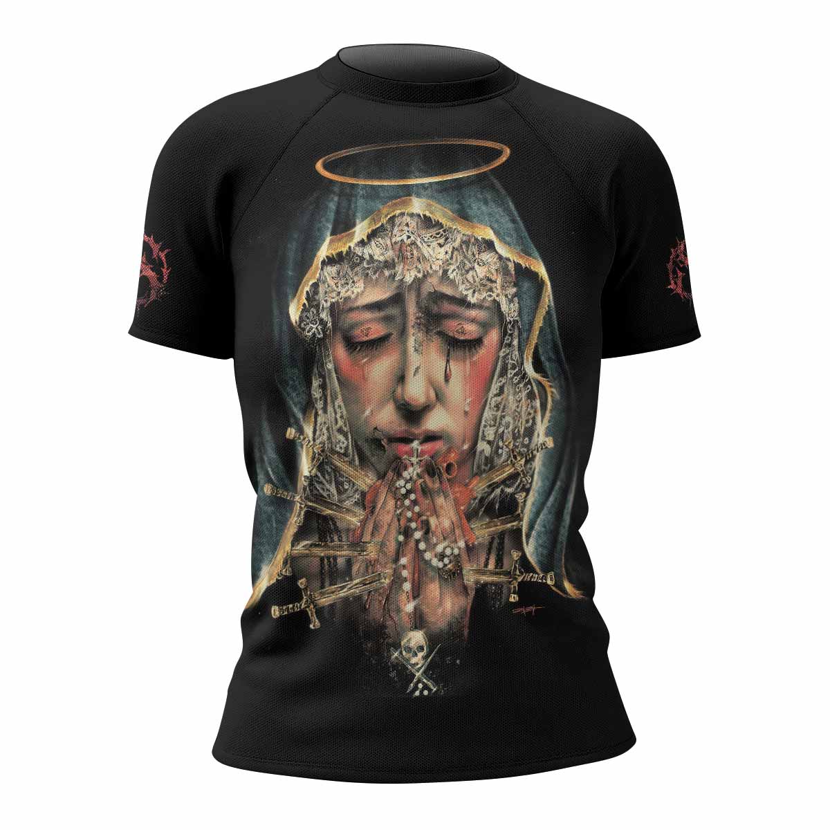 Stigmata Prayer Women’s Short Sleeve Rash Guard - front view mockup