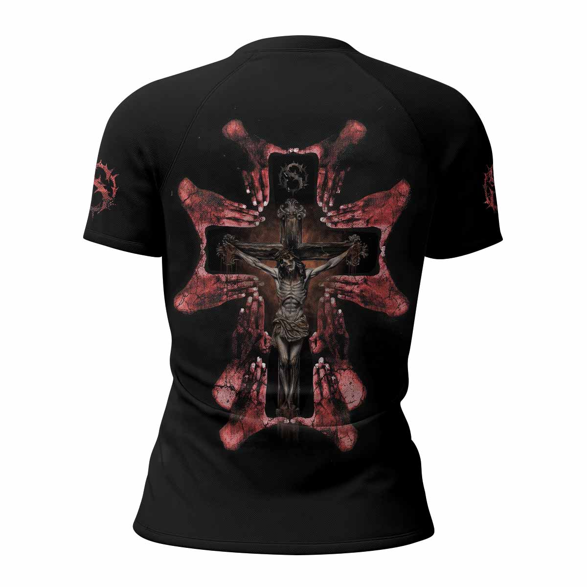Stigmata Prayer Women’s Short Sleeve Rash Guard - back view mockup
