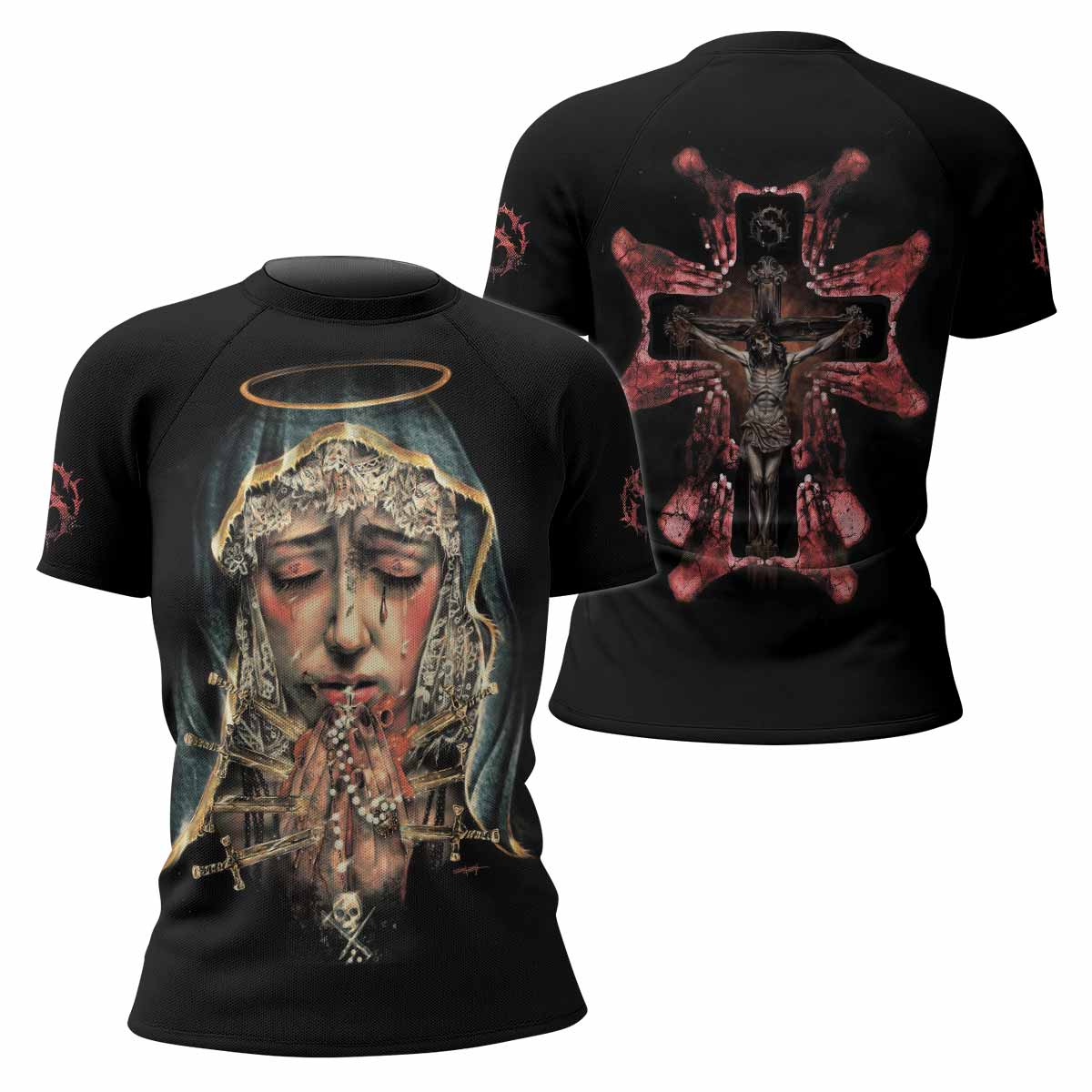 Stigmata Prayer Women’s Short Sleeve Rash Guard - front and back view