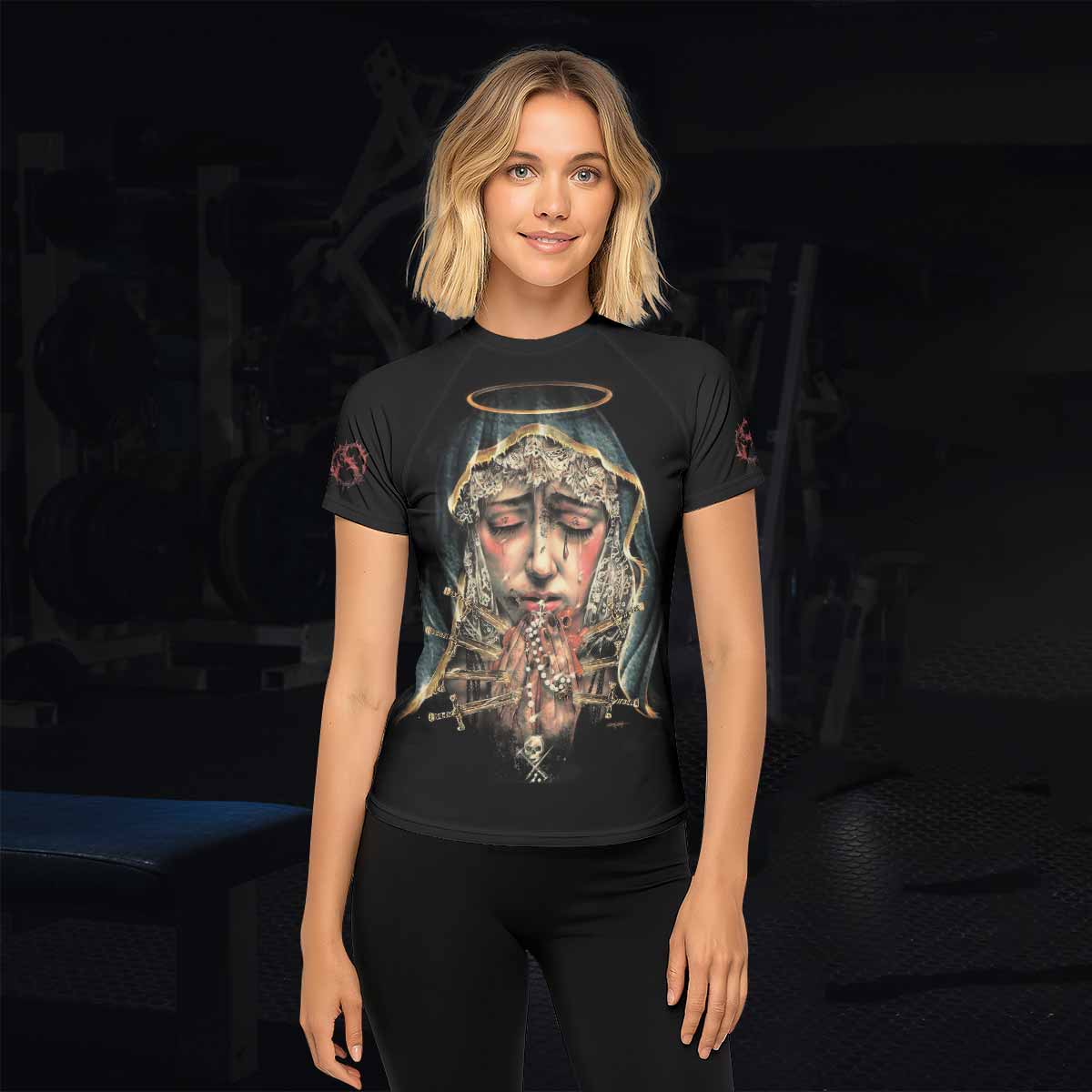 Stigmata Prayer Women’s Short Sleeve Rash Guard - lifestyle view