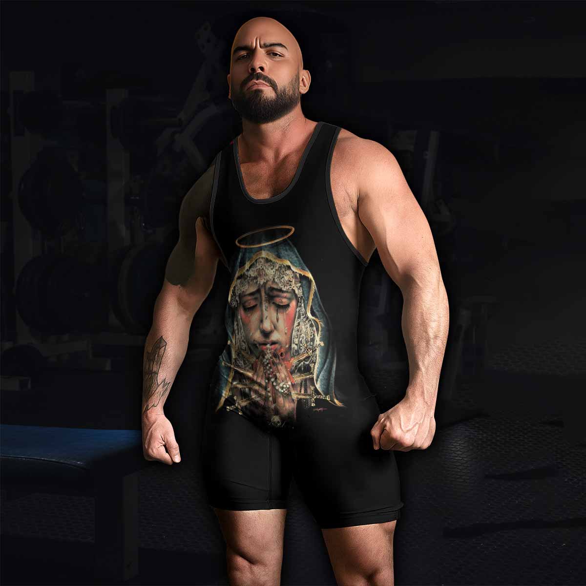 Stigmata Prayer Wrestling Singlet - men's lifestyle view