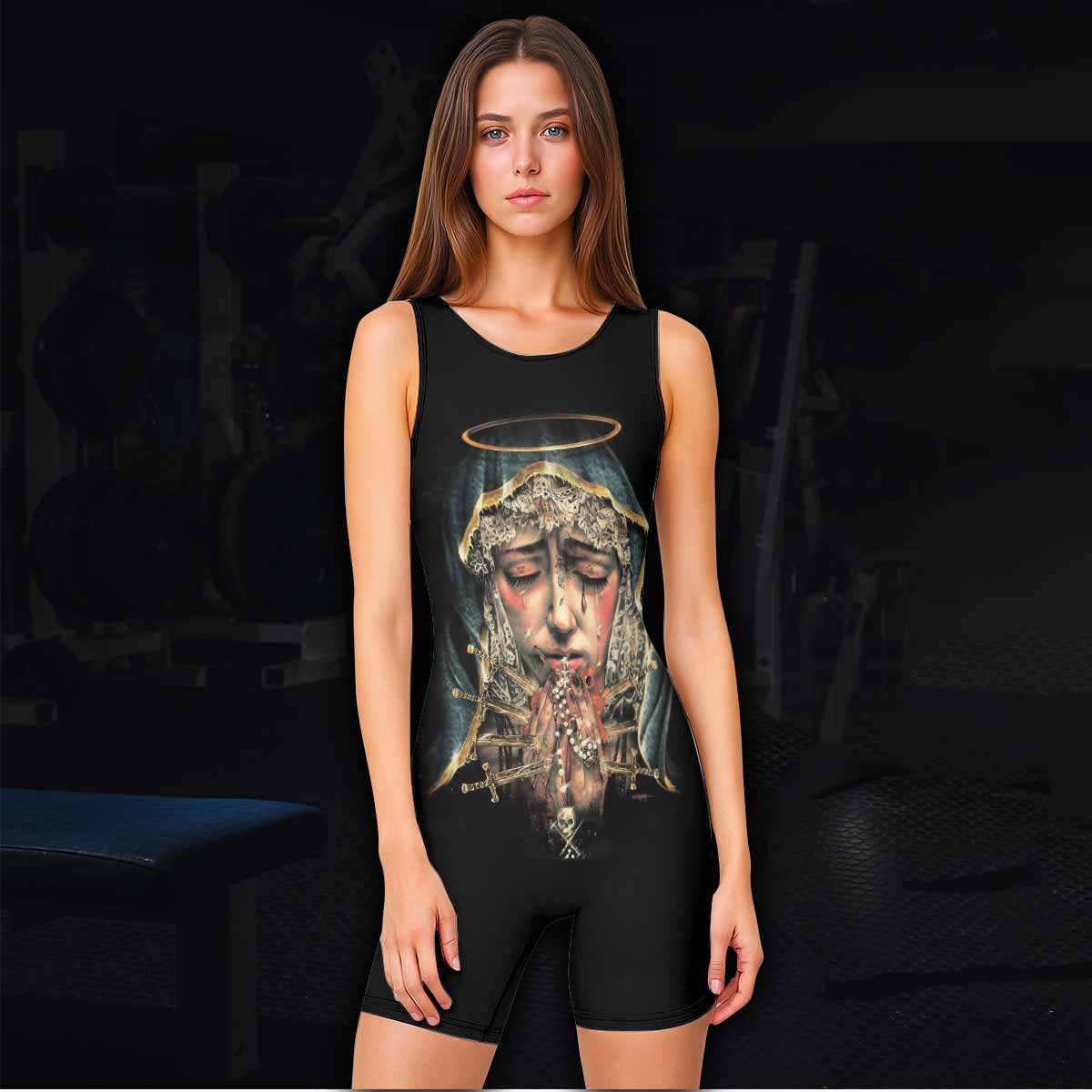 Stigmata Prayer Wrestling Singlet - women's lifestyle view