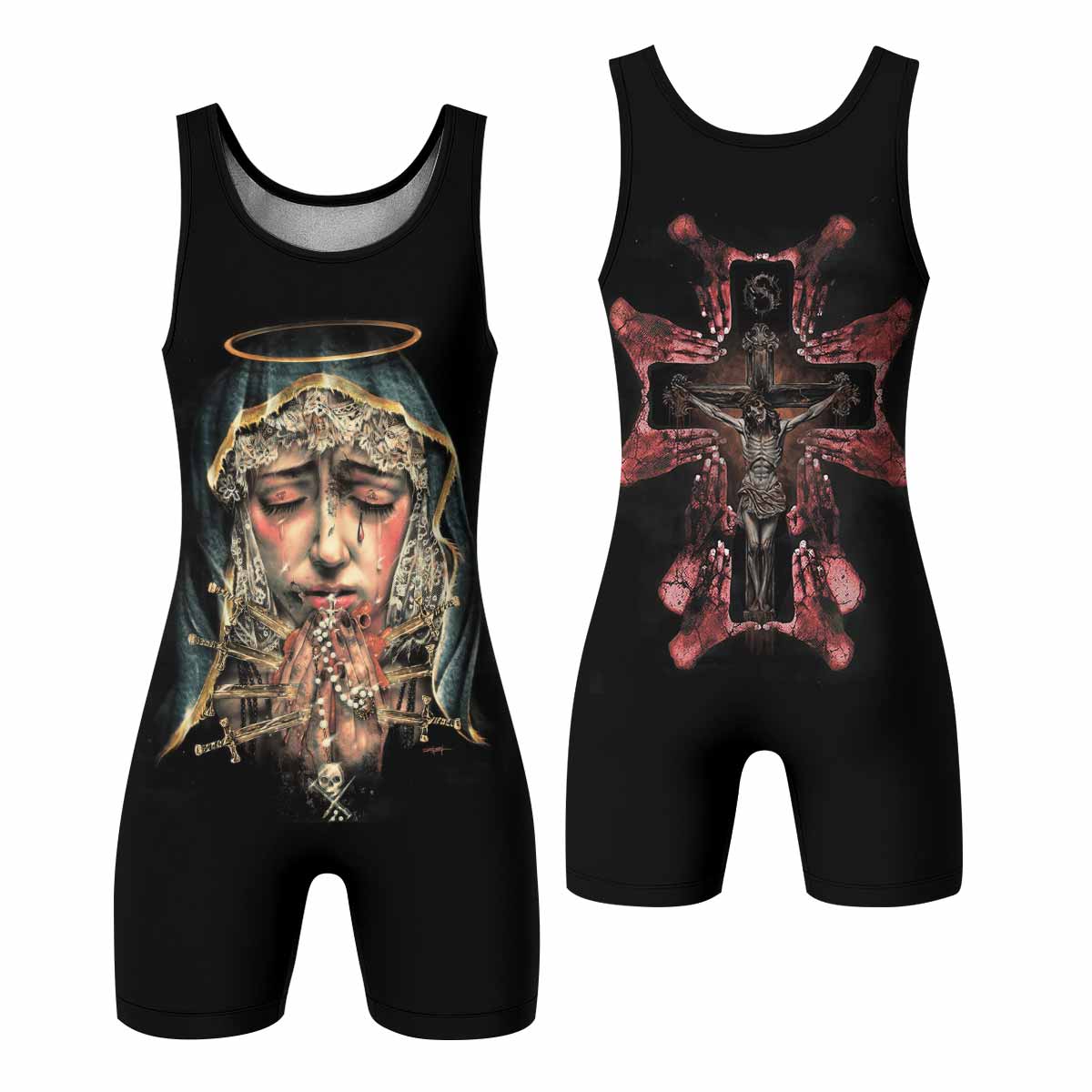 Stigmata Prayer Wrestling Singlet - front and back view