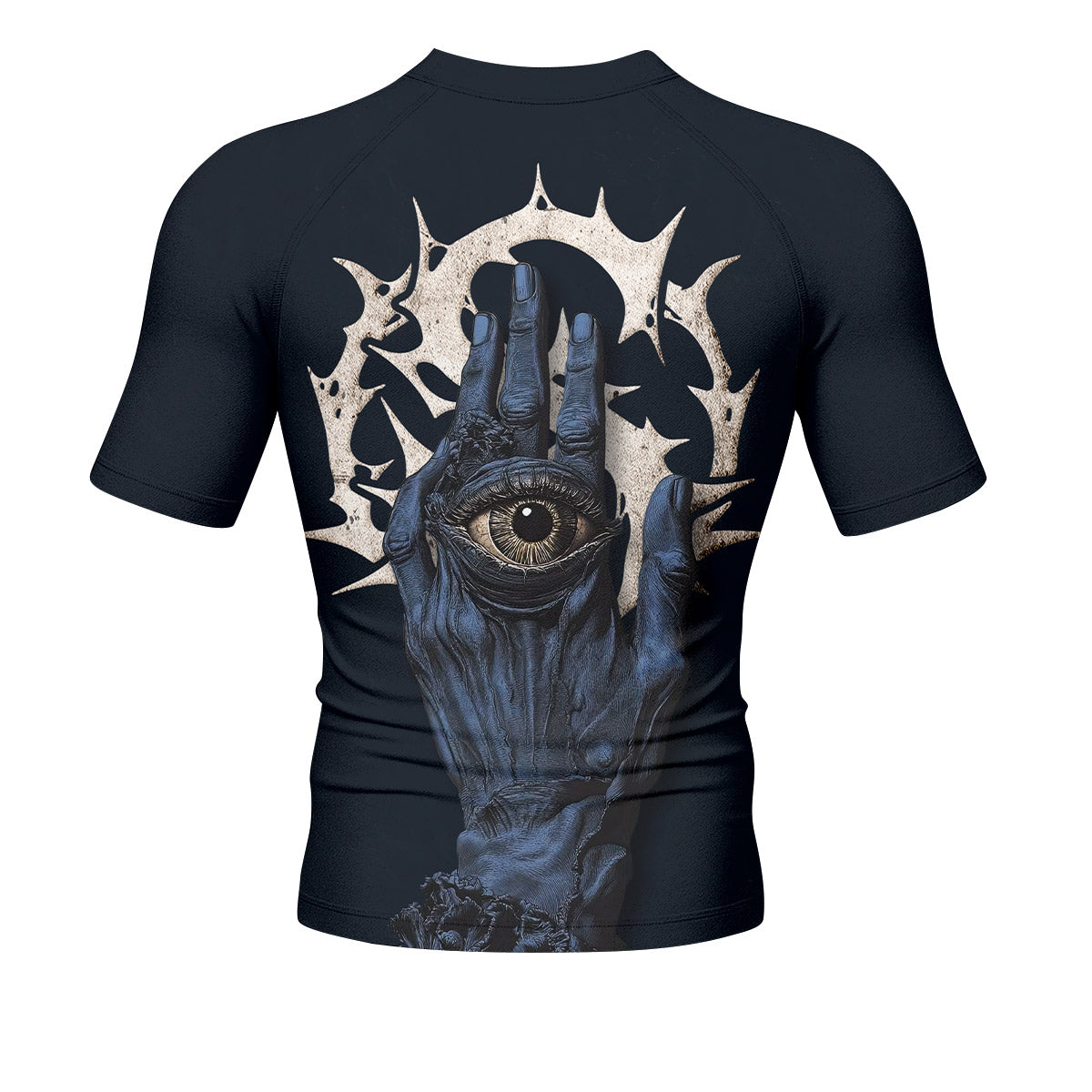 The All-Seeing Hand Men’s Short Sleeve Rash Guard - back view mockup