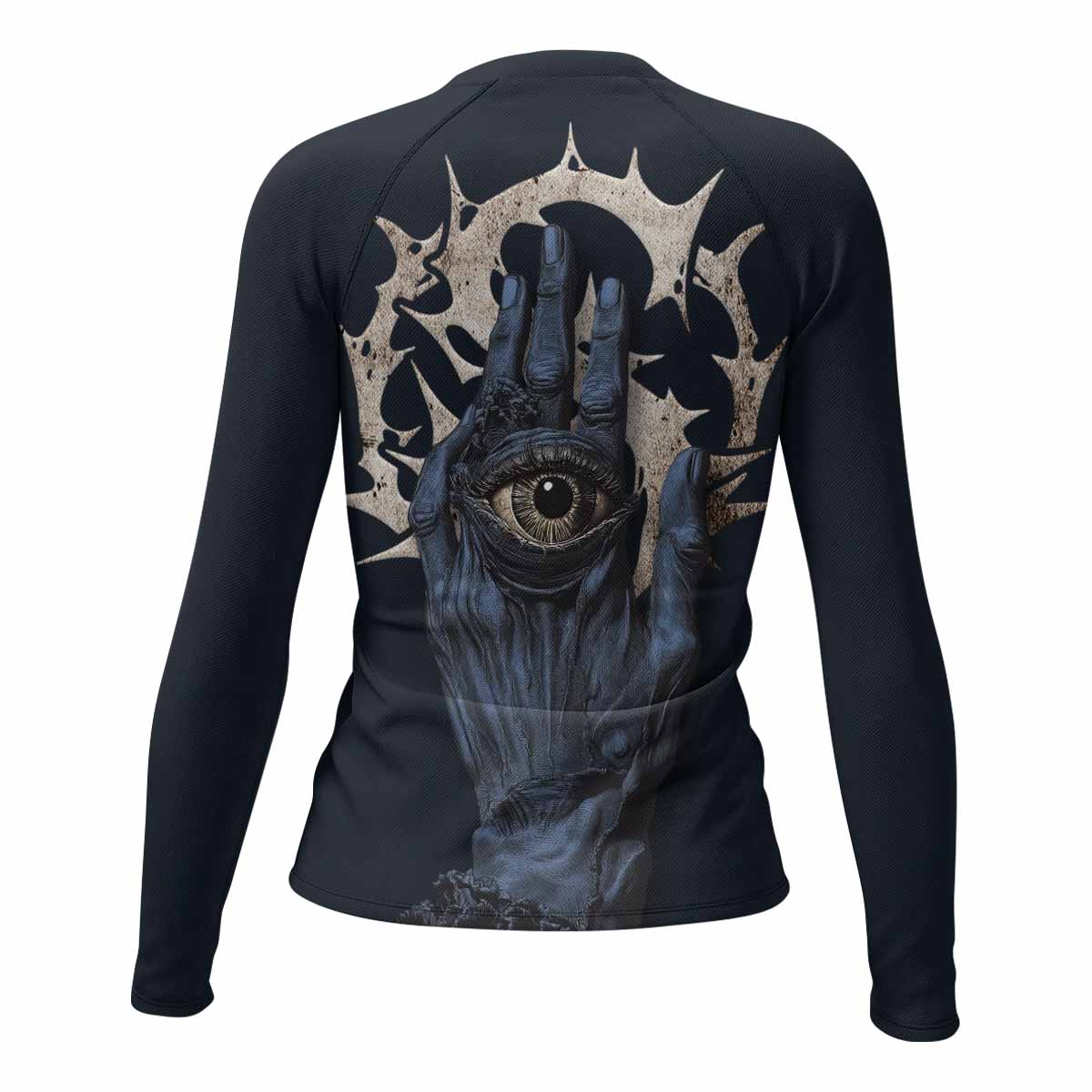 The All-Seeing Hand Women’s Long Sleeve Rash Guard - back view mockup