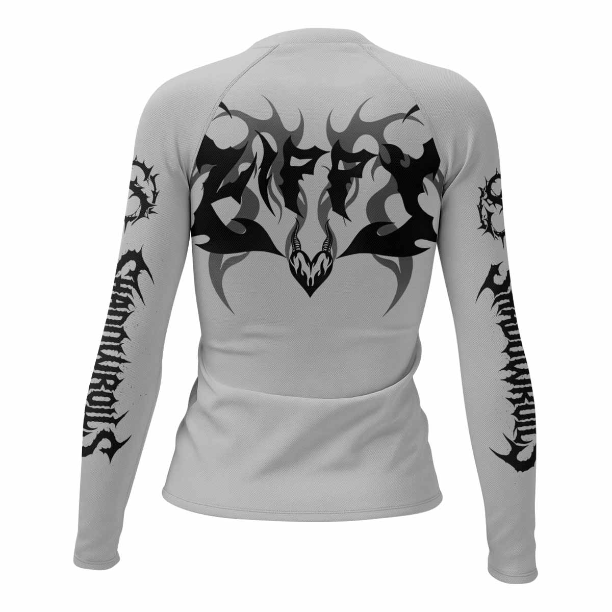 The Forsaken Beast Women’s Long Sleeve Rash Guard - back view mockup