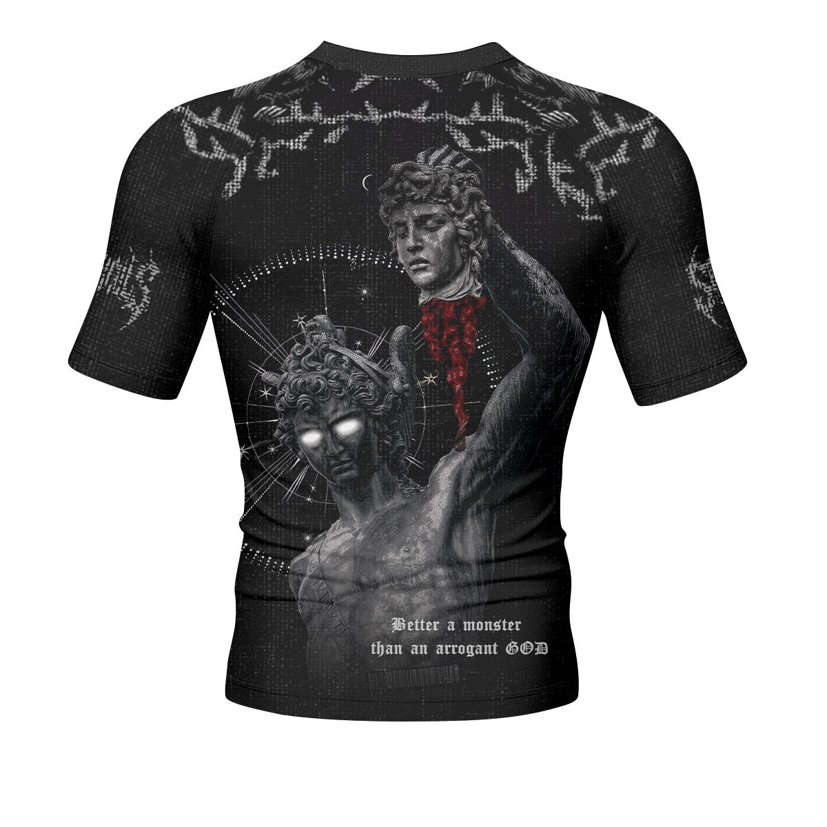 The Monster of Perseus Men’s Short Sleeve Rash Guard - back view mockup