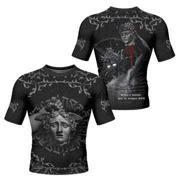 The Monster of Perseus Men’s Short Sleeve Rash Guard - front and back view