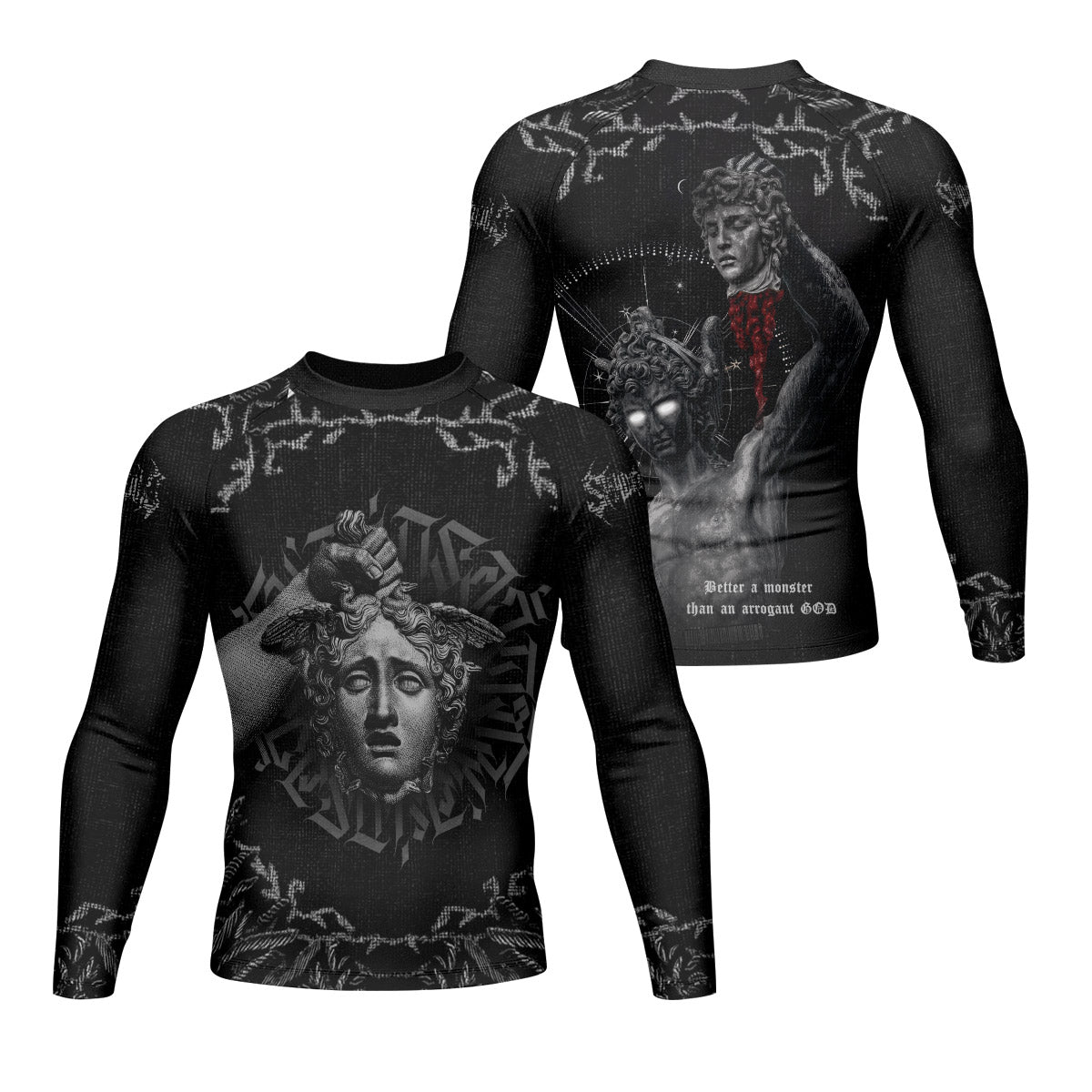 The Monster of Perseus Men’s Long Sleeve Rash Guard - front and back view