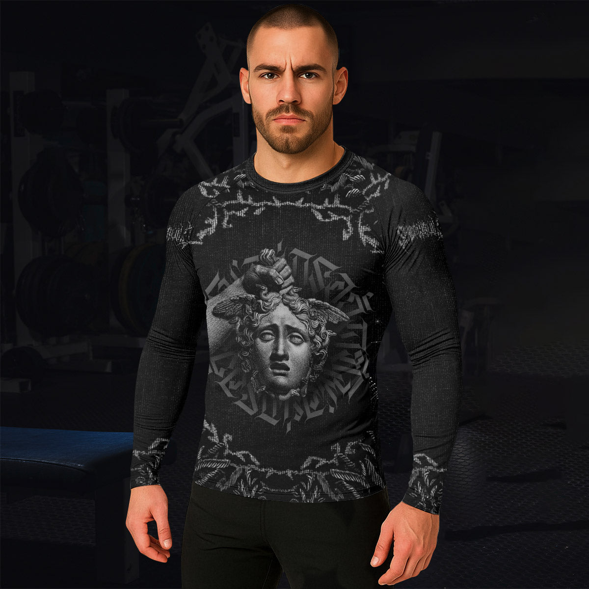 The Monster of Perseus Men’s Long Sleeve Rash Guard - lifestyle view