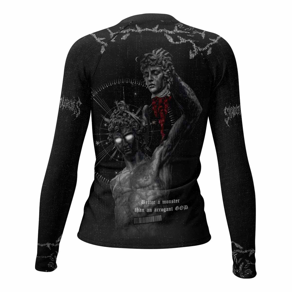 The Monster of Perseus Women’s Long Sleeve Rash Guard - back view mockup