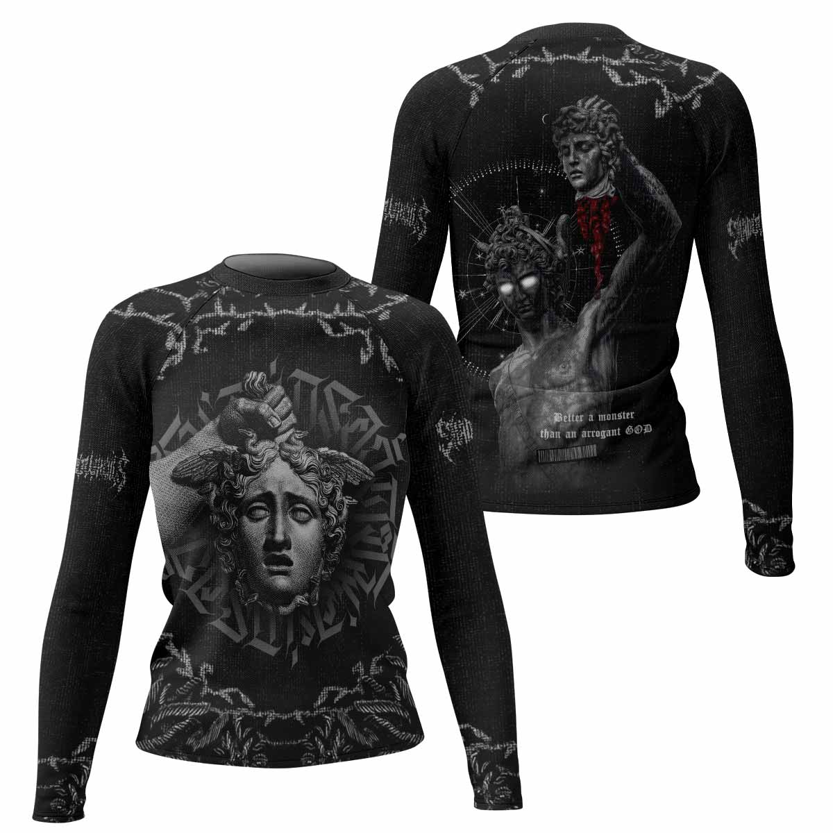 The Monster of Perseus Women’s Long Sleeve Rash Guard - front and back view