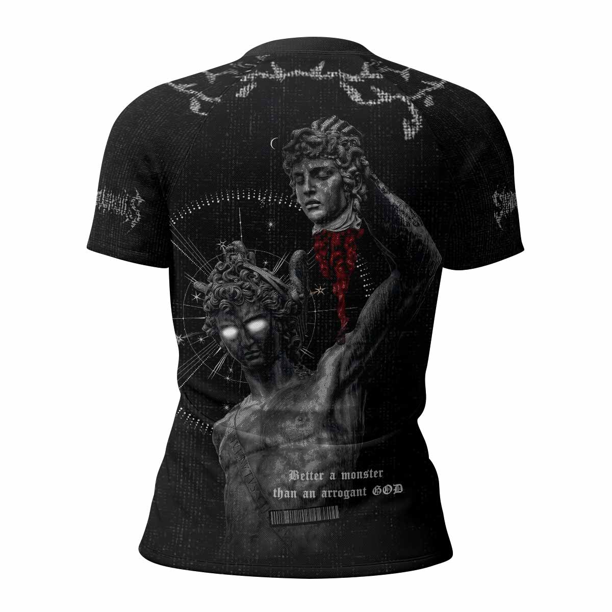 The Monster of Perseus Women’s Short Sleeve Rash Guard - back view mockup