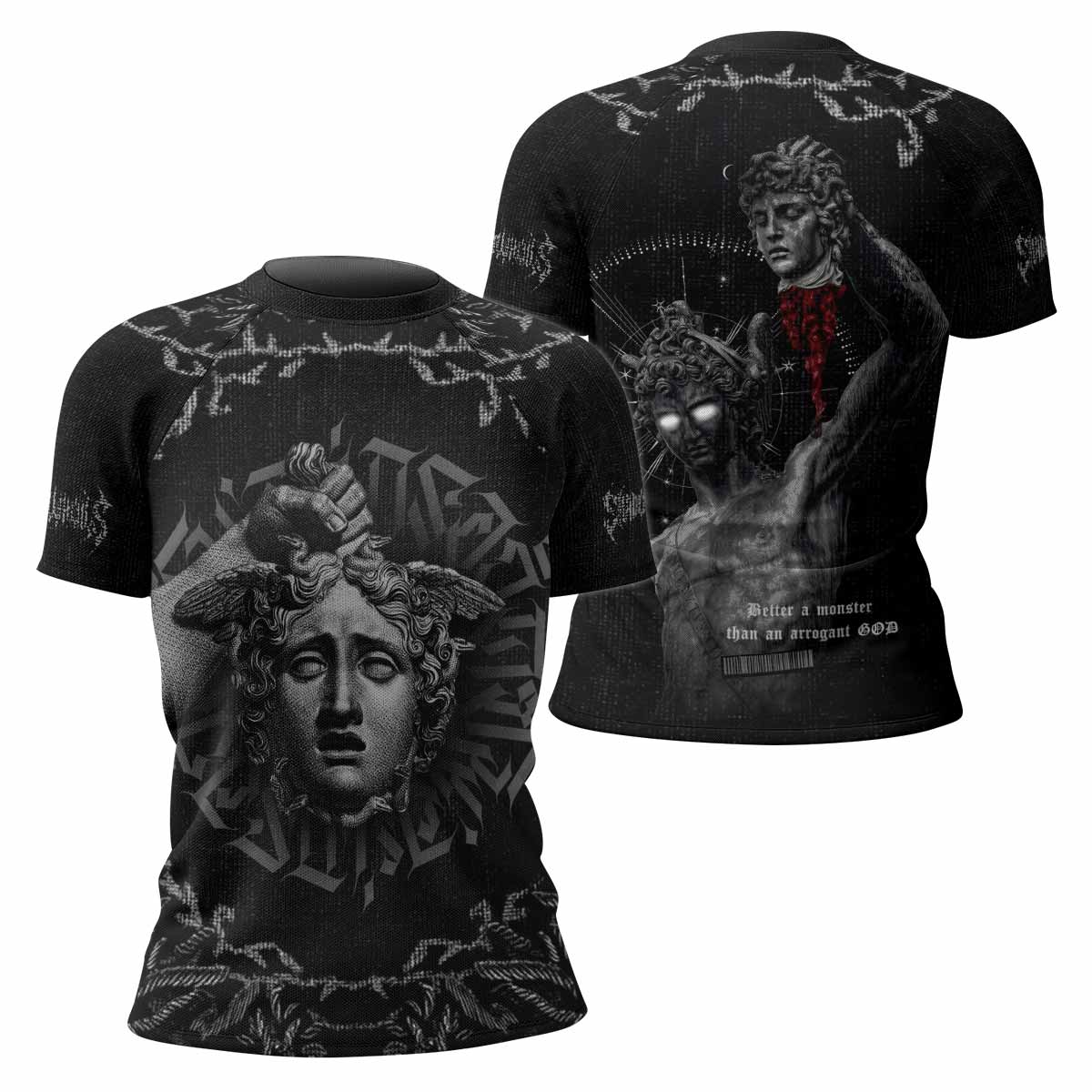 The Monster of Perseus Women’s Short Sleeve Rash Guard - front and back view