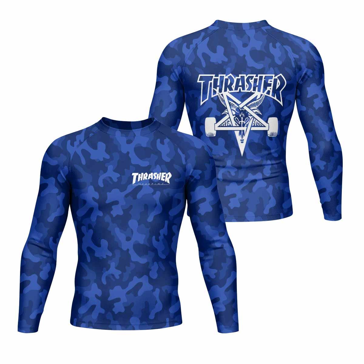 Thrasher Blue Camo Men's Rash Guard Long Sleeve - front and back view