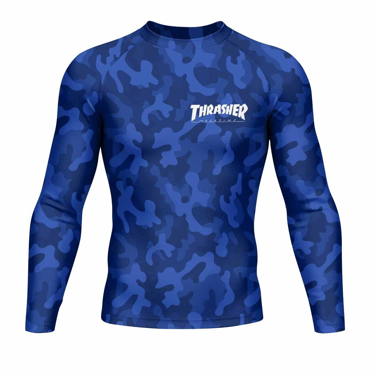 Thrasher Blue Camo Men's Rash Guard Long Sleeve - front view mockup