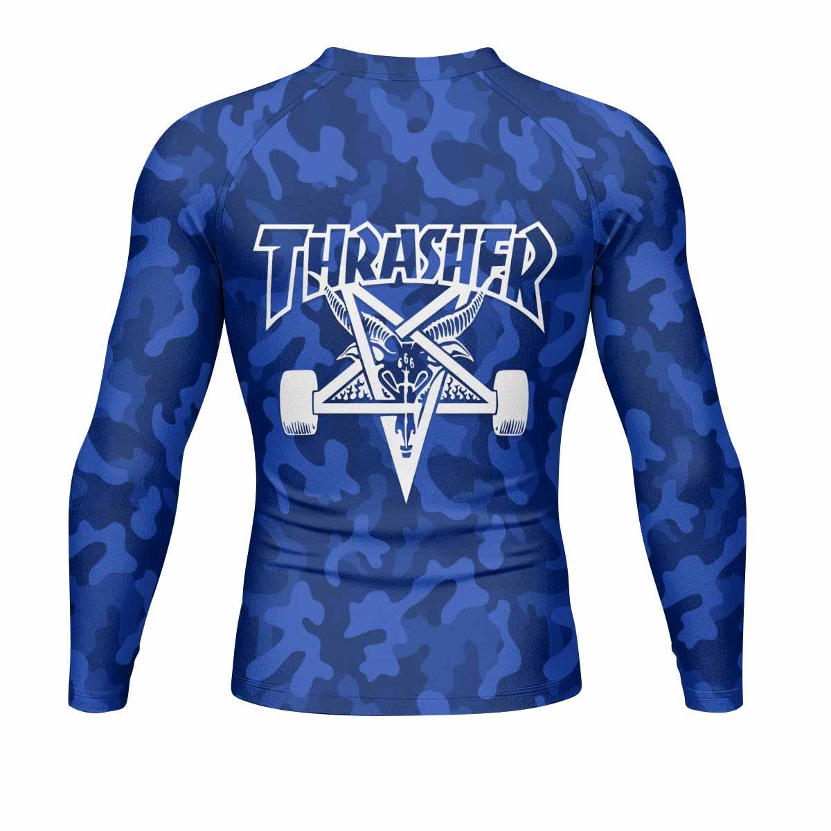 Thrasher Blue Camo Men's Rash Guard Long Sleeve - back view mockup