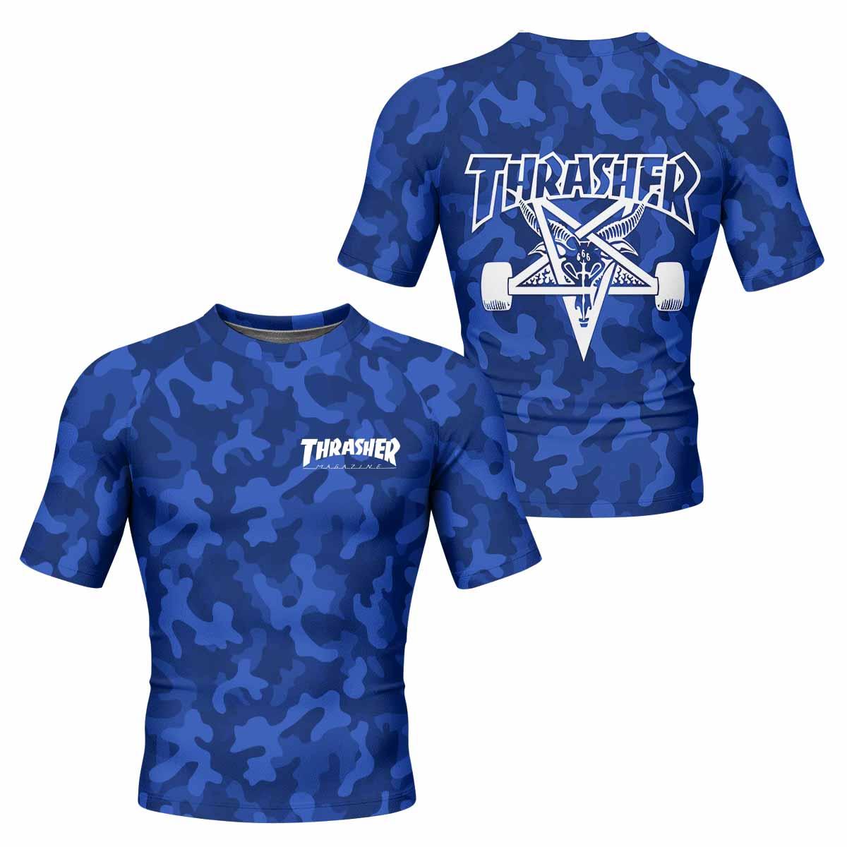 Thrasher Blue Camo Men's Rash Guard Short Sleeve - front and back view